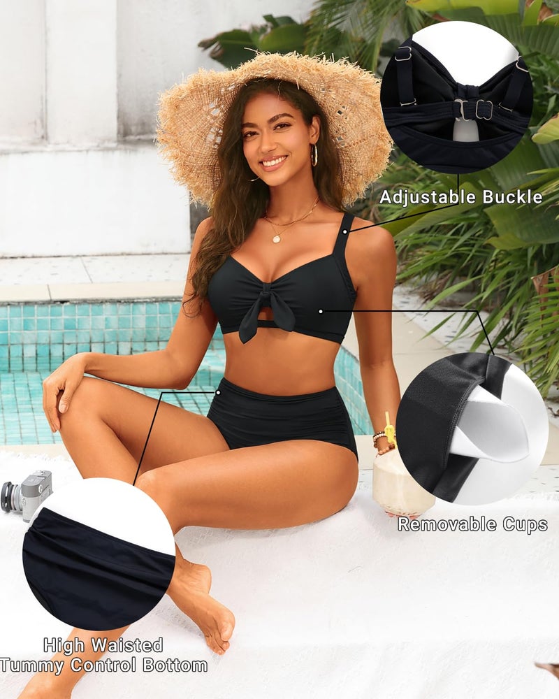 Tempt Me Black Two Piece Swimsuits - High Waisted Bikini Tummy Control Full Coverage Bathing Suits Ruched Tie Knot Swimwear L - Image 3